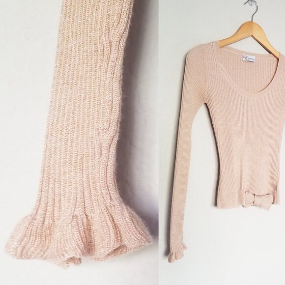 RED Valentino Champagne Rose Gold Lurex Rib Knit Bow Ruffle Fitted Sweater Wool - Picture 10 of 16